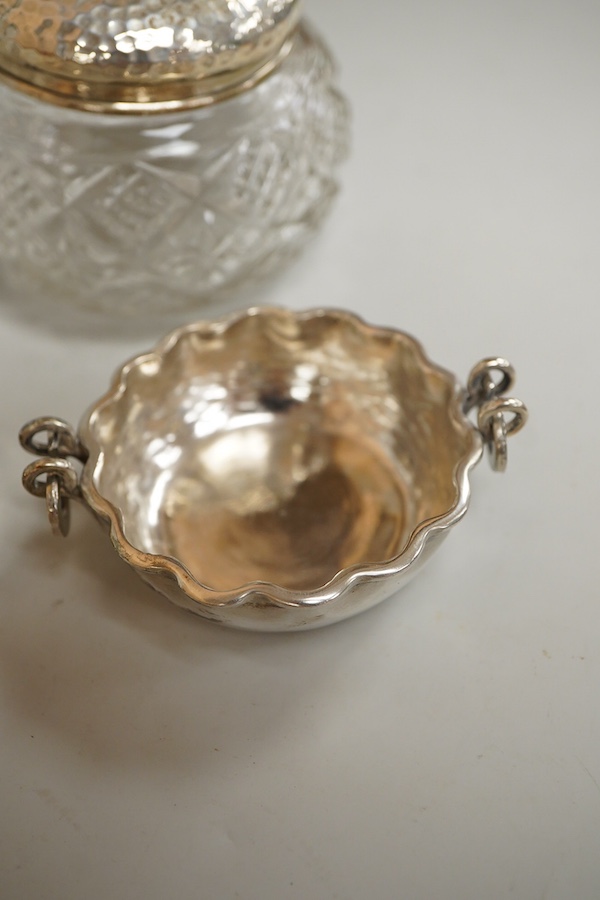 A George V silver topped engraved glass spherical scent bottle and other silver first height 11cm., weight approx. 3.46ozt